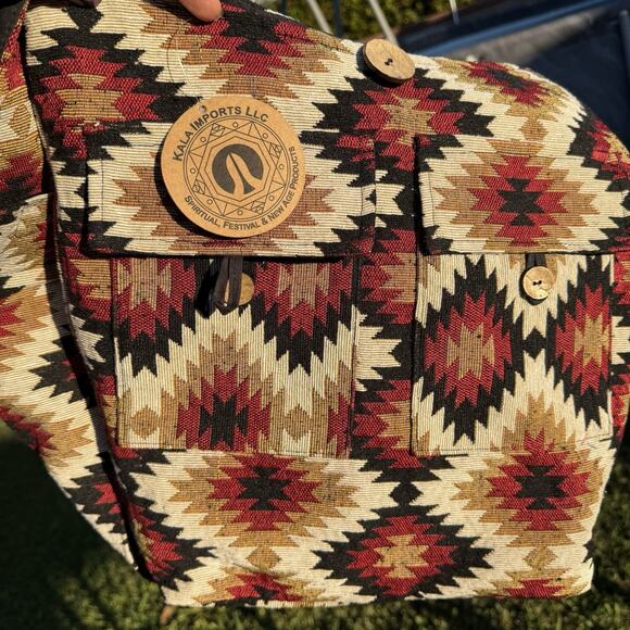 Handmade Blanket Tote Southwestern Navajo Boho Tan Red Black Large Shoulder Bag - Picture 5 of 14